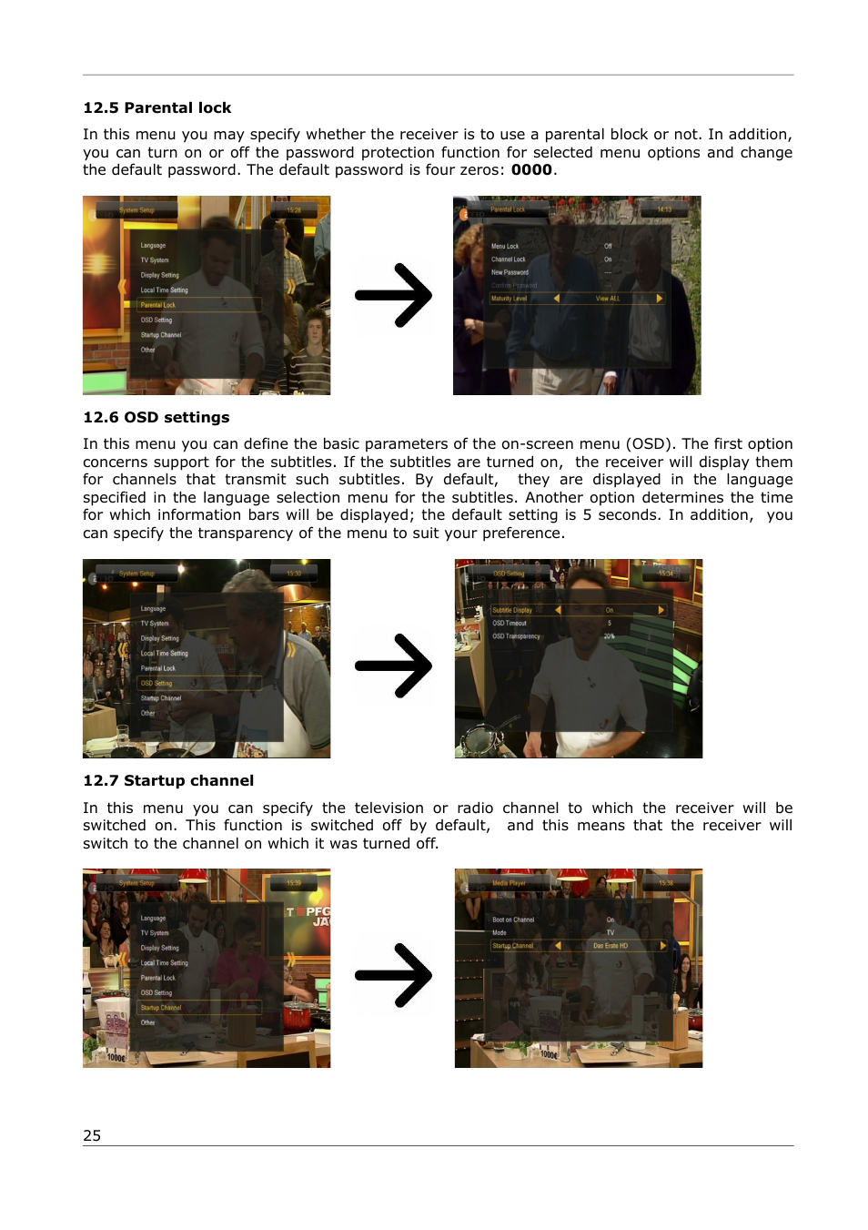 5 parental lock, 6 osd settings, 7 startup channel | Ferguson Ariva 252Combo User Manual | Page 25 / 54