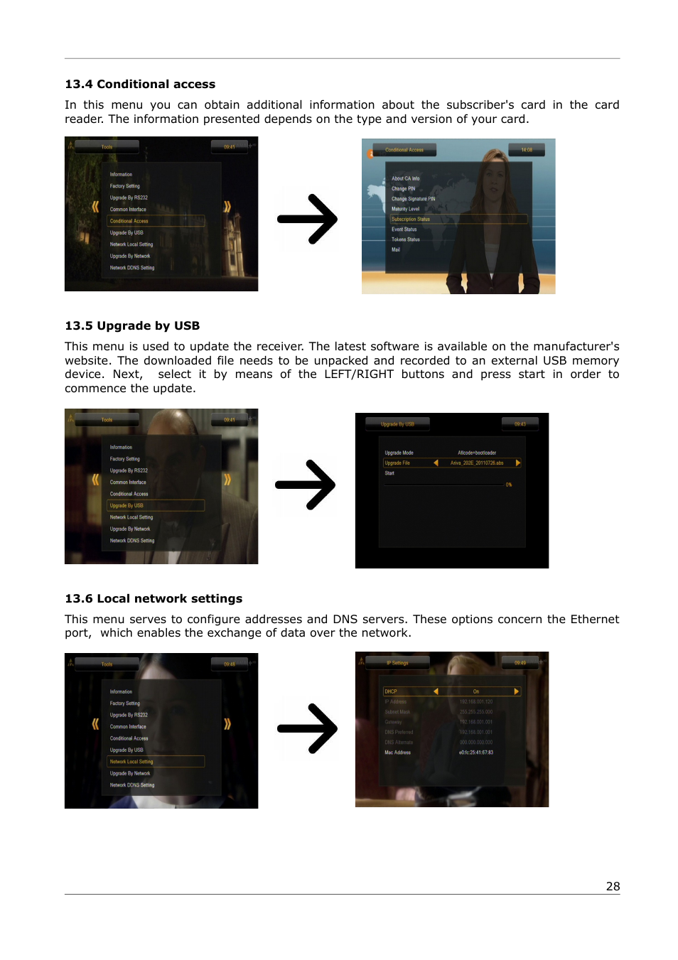 4 conditional access, 5 upgrade by usb, 6 local network settings | Ferguson Ariva 252Combo User Manual | Page 28 / 54