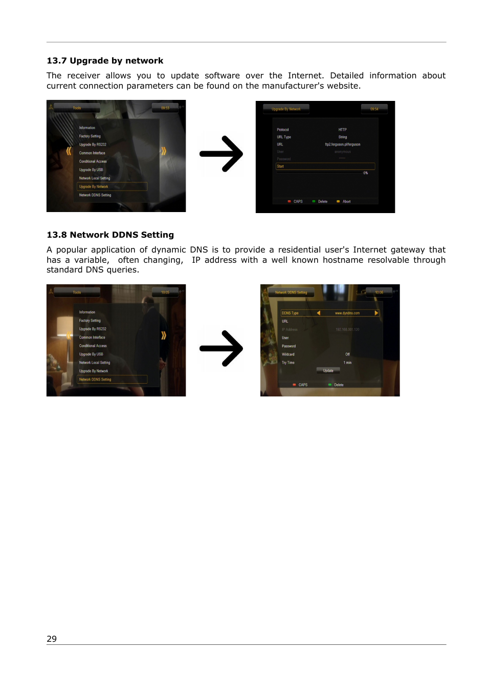 7 upgrade by network, 8 network ddns setting | Ferguson Ariva 252Combo User Manual | Page 29 / 54