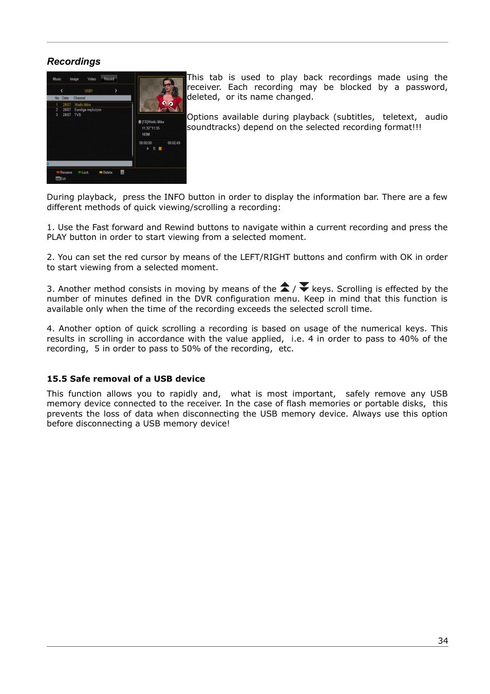Recordings, 5 safe removal of a usb device | Ferguson Ariva 252Combo User Manual | Page 34 / 54