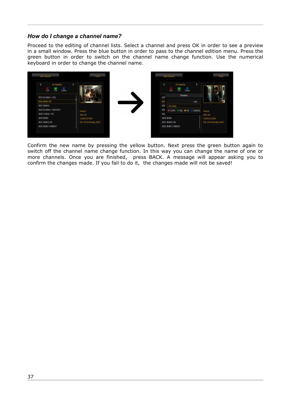 How do i change a channel name | Ferguson Ariva 252Combo User Manual | Page 37 / 54