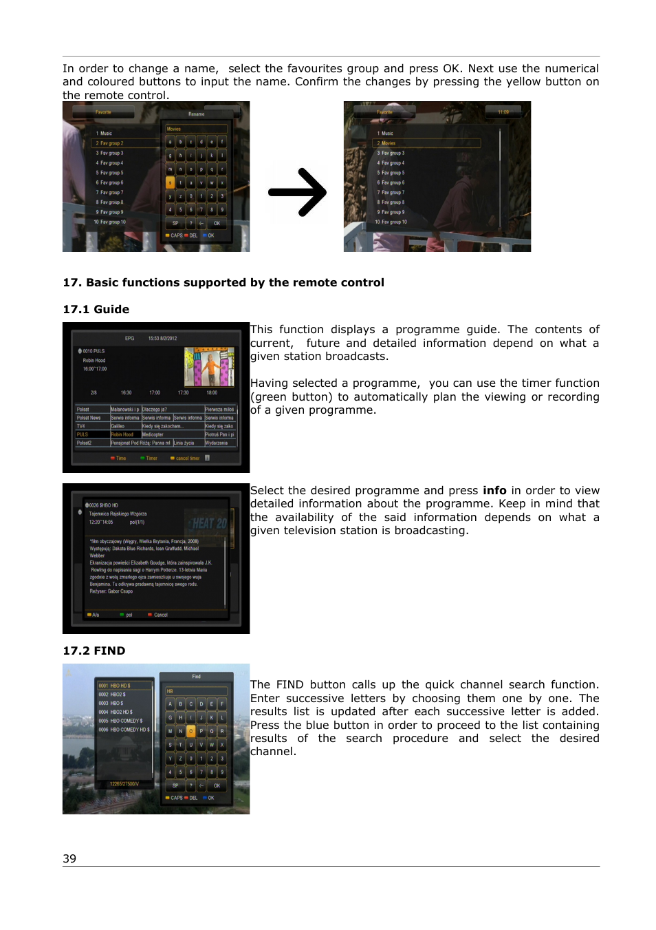 Basic functions supported by the remote control, 1 guide, 2 find | Ferguson Ariva 252Combo User Manual | Page 39 / 54