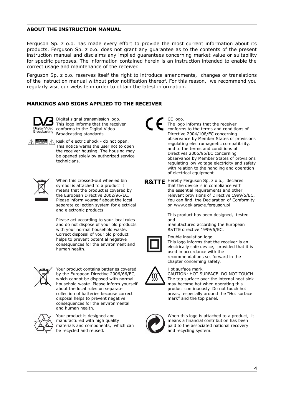 About the instruction manual, Markings and signs applied to the receiver, R&tte | Ferguson Ariva 252Combo User Manual | Page 4 / 54