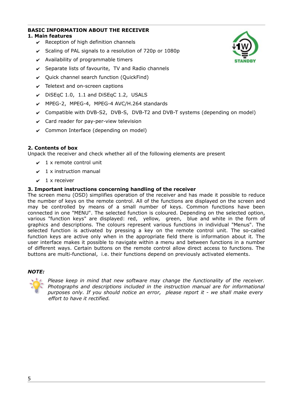 Basic information about the receiver, Main features, Contents of box | Ferguson Ariva 252Combo User Manual | Page 5 / 54
