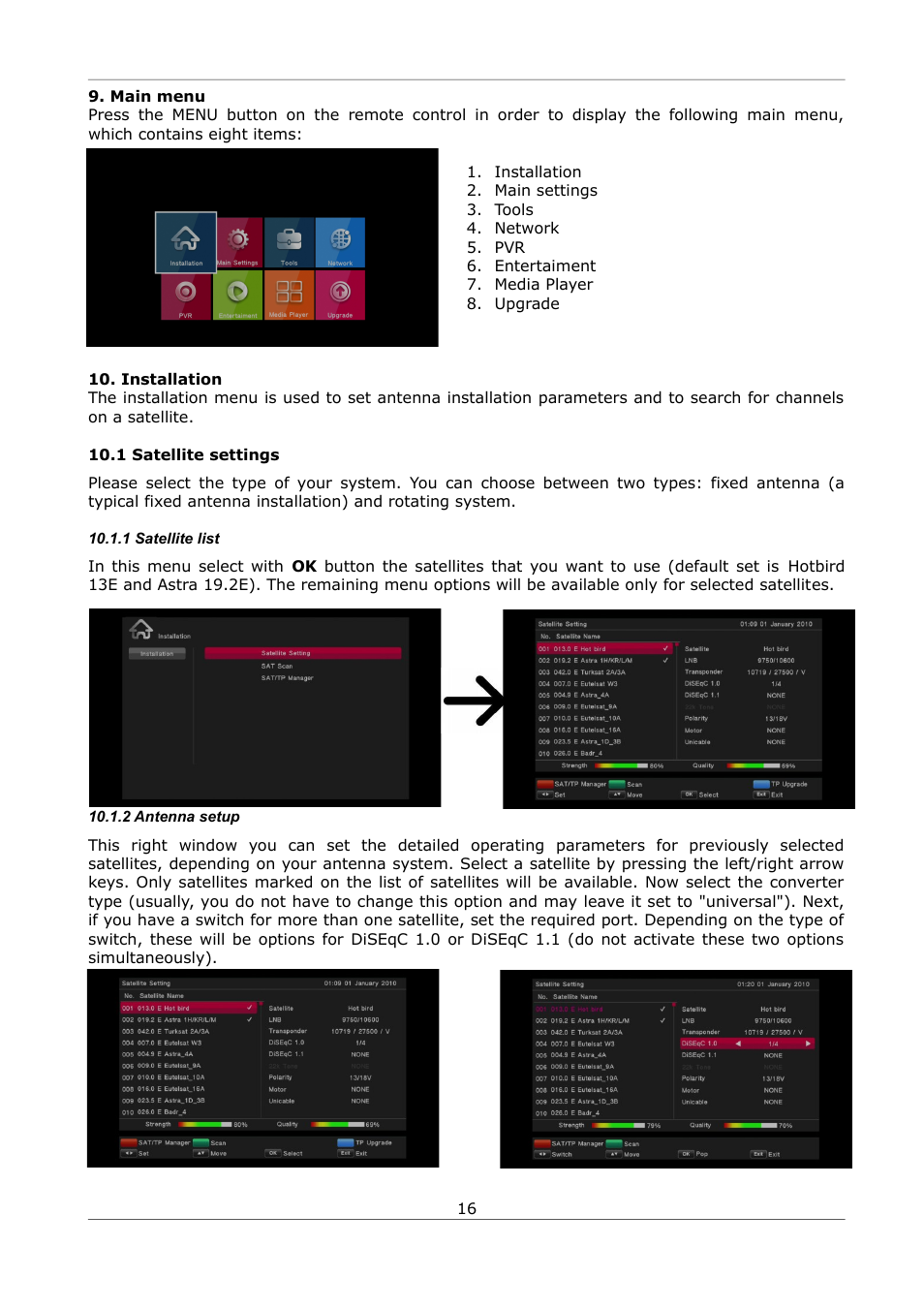 Main menu, Installation, 1 satellite settings | 1 satellite list, 2 antenna setup, Main menu 10. installation | Ferguson Ariva S300 User Manual | Page 16 / 36