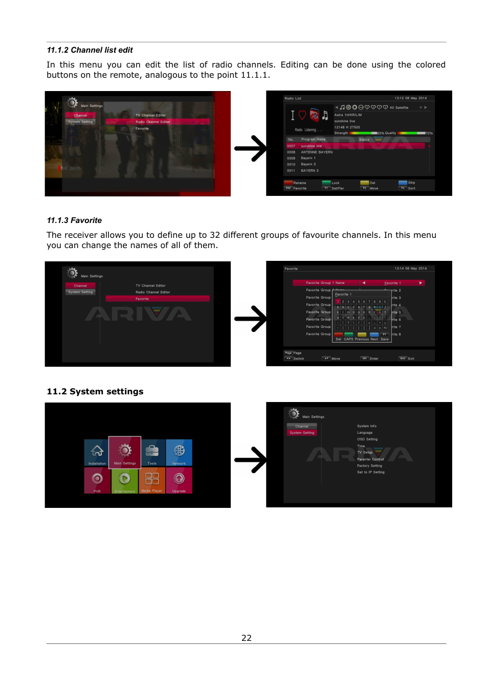 2 channel list edit, 3 favorite, 2 system settings | Ferguson Ariva S300 User Manual | Page 22 / 36