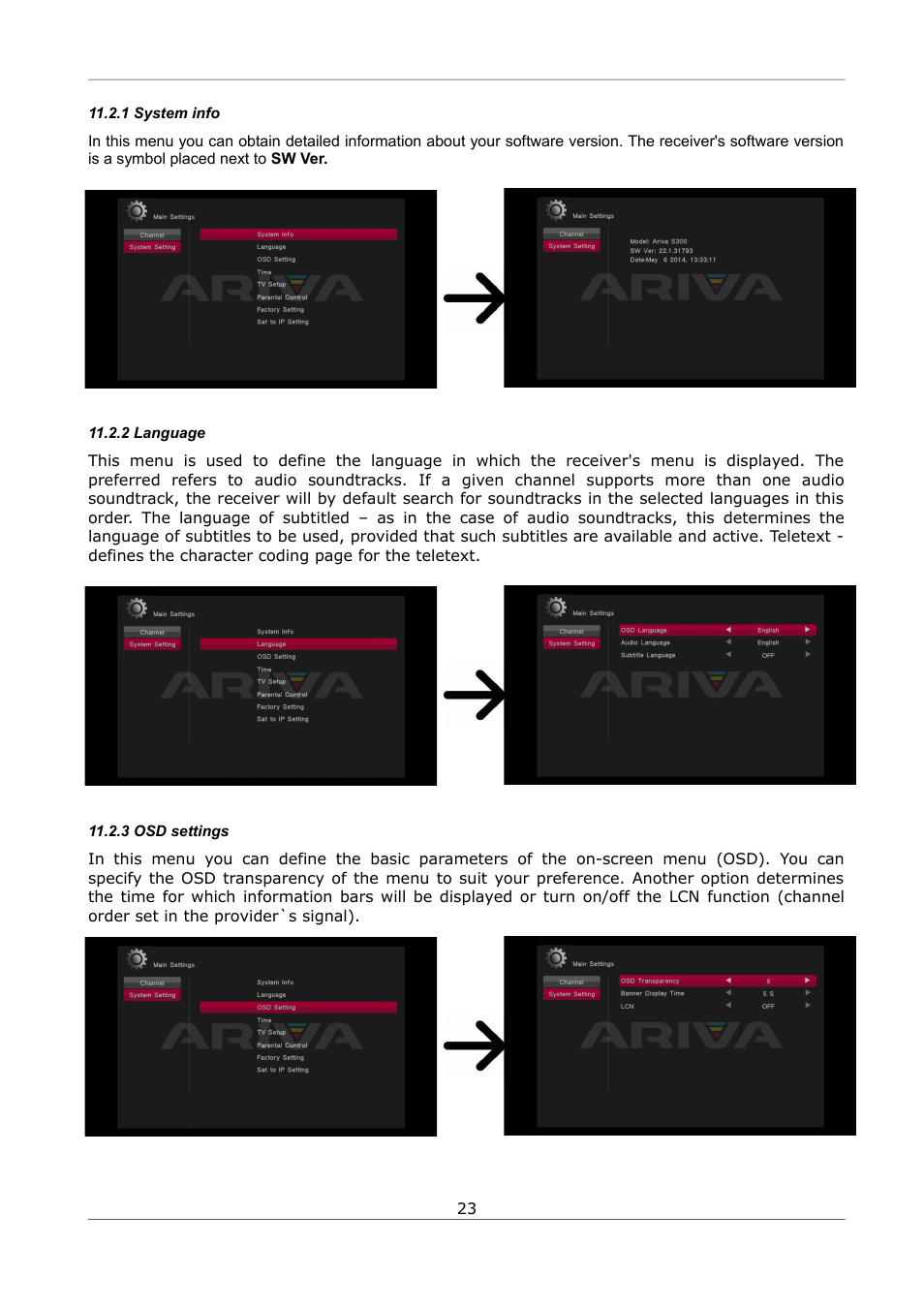 1 system info, 2 language, 3 osd settings | 1 system info 11.2.2 language | Ferguson Ariva S300 User Manual | Page 23 / 36