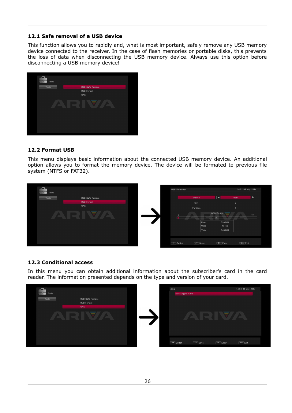 1 safe removal of a usb device, 2 format usb, 3 conditional access | 1 safe removal of a usb device 12.2 format usb | Ferguson Ariva S300 User Manual | Page 26 / 36