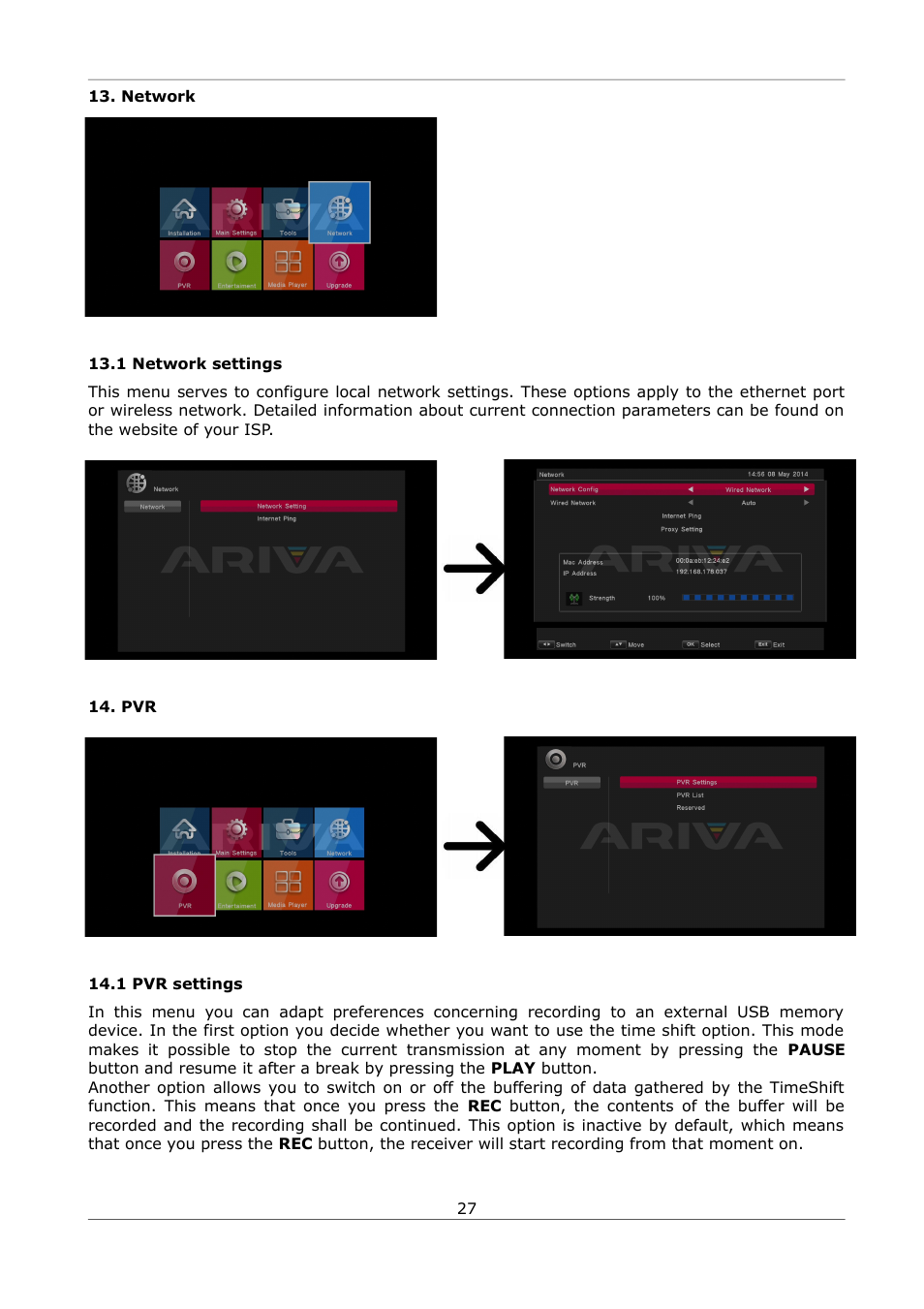 Network, 1 network settings, 1 pvr settings | Ferguson Ariva S300 User Manual | Page 27 / 36