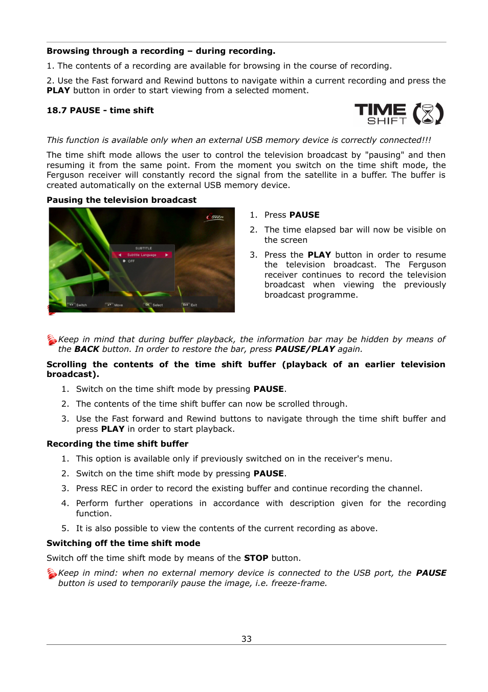 7 pause - time shift | Ferguson Ariva S300 User Manual | Page 33 / 36