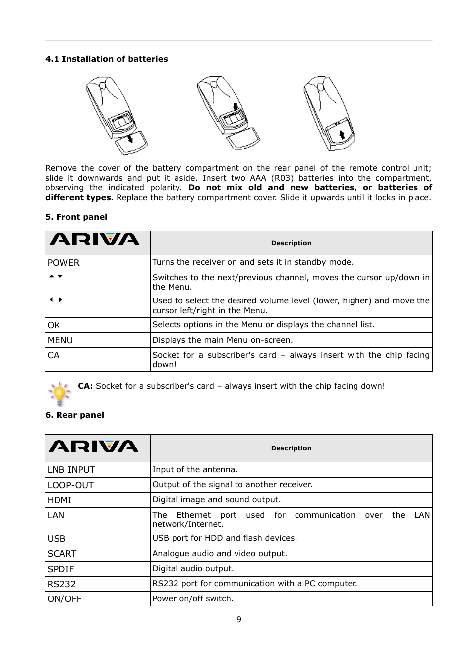 1 installation of batteries, Front panel, Rear panel | Front panel 6. rear panel | Ferguson Ariva S300 User Manual | Page 9 / 36