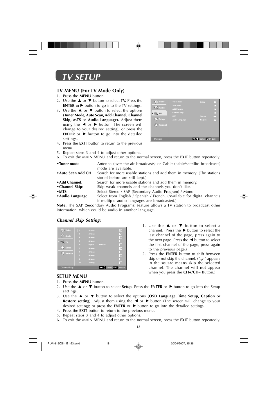Tv setup, Setup menu, Tv menu (for tv mode only) | Channel skip setting | Audiovox FPE1507 User Manual | Page 18 / 23