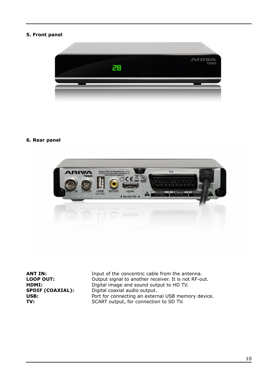 Front panel, Rear panel | Ferguson Ariva T650i User Manual | Page 10 / 39