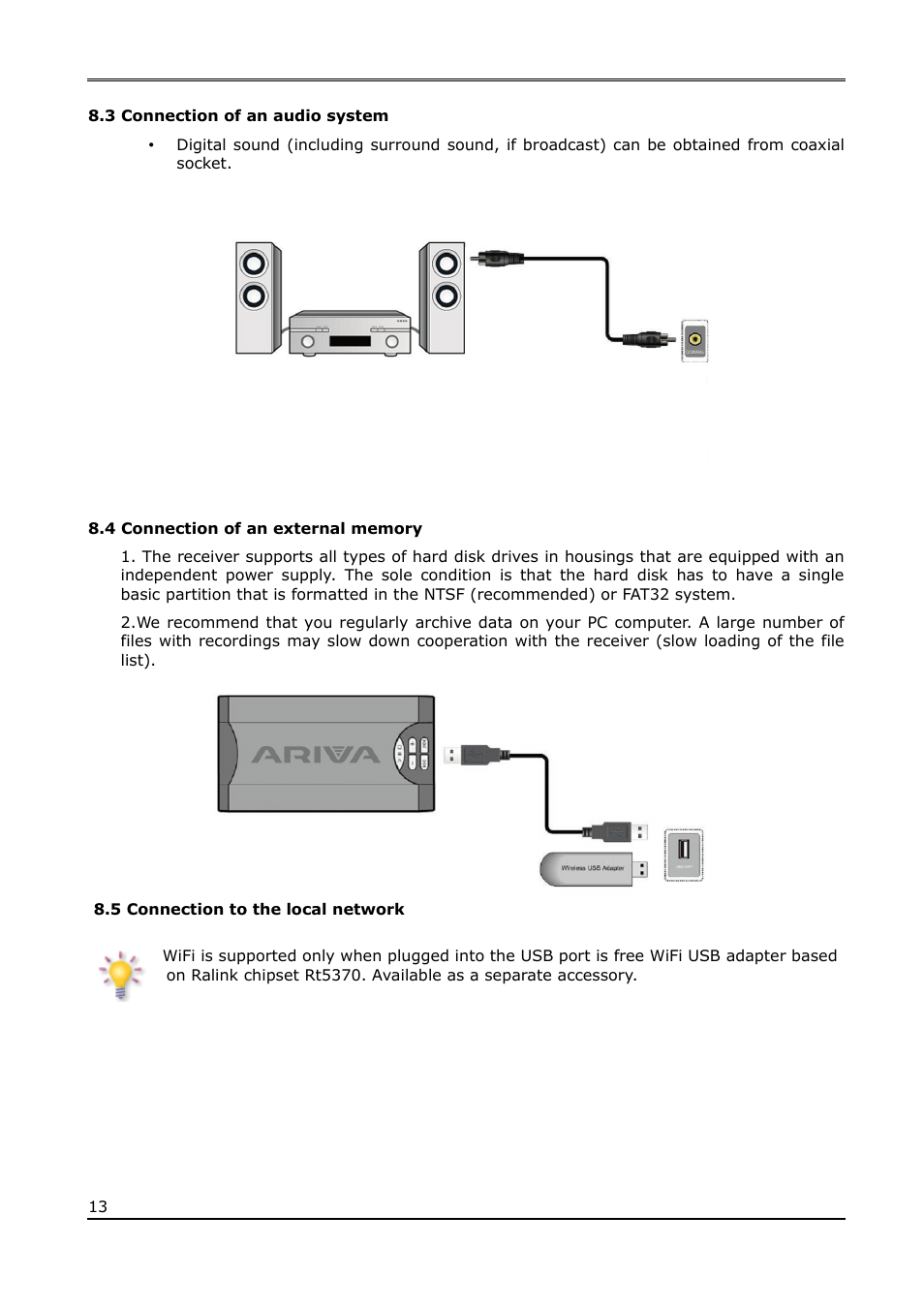 3 connection of an audio system, 4 connection of an external memory, 5 connection to the local network | Ferguson Ariva T650i User Manual | Page 13 / 39