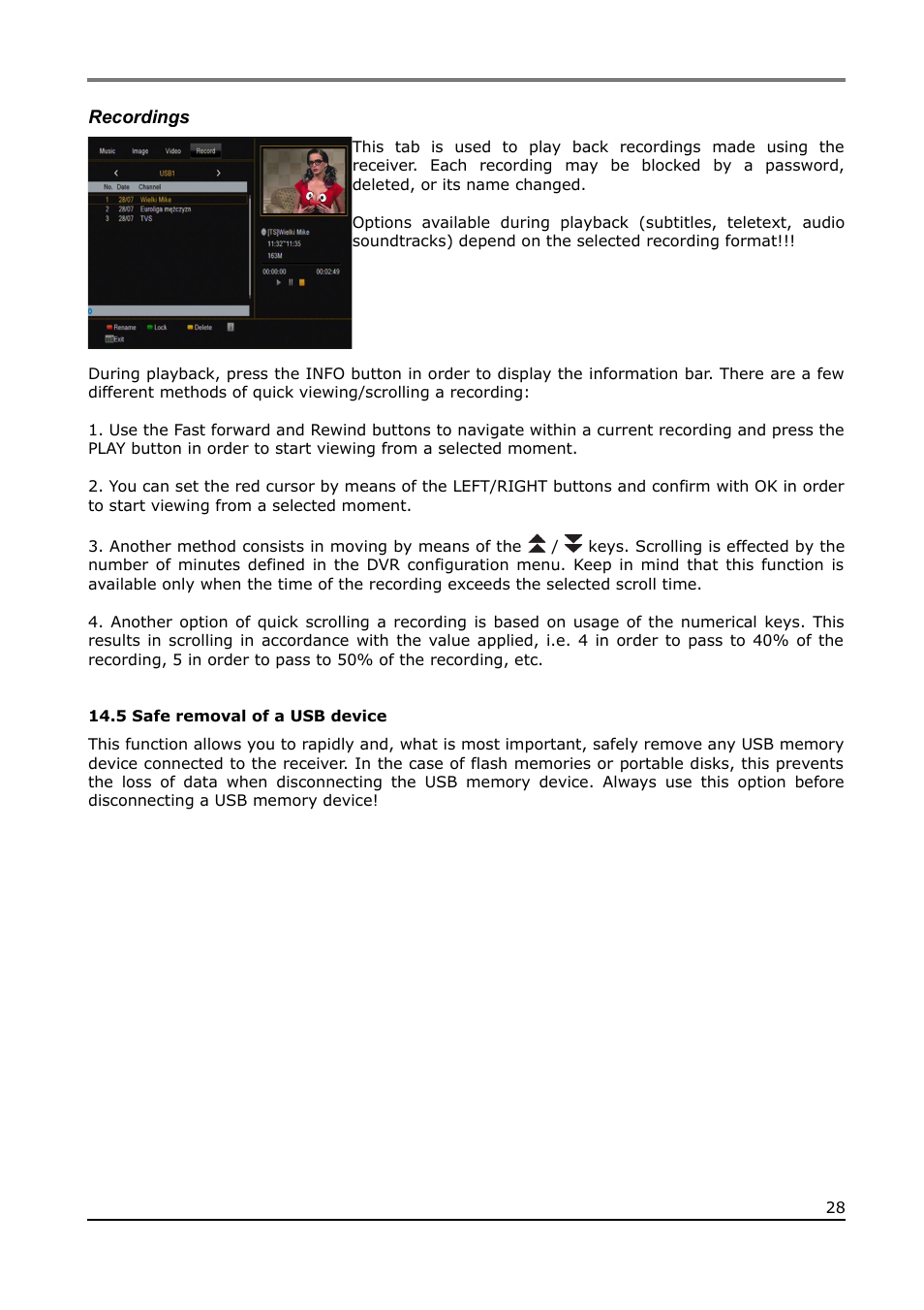 Recordings, 5 safe removal of a usb device | Ferguson Ariva T650i User Manual | Page 28 / 39