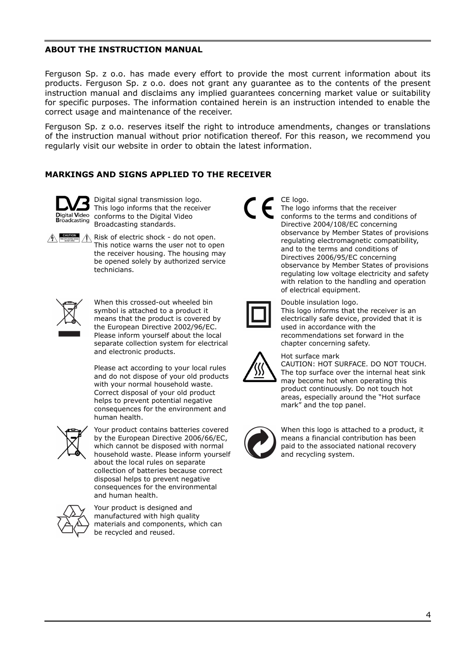 About the instruction manual, Markings and signs applied to the receiver | Ferguson Ariva T650i User Manual | Page 4 / 39