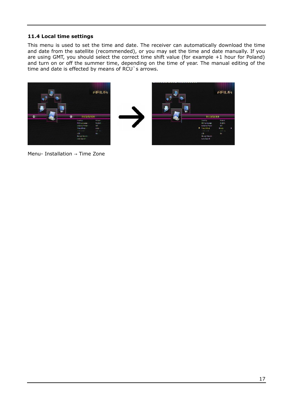 4 local time settings, Menu- installation → time zone | Ferguson Ariva T55 User Manual | Page 17 / 36