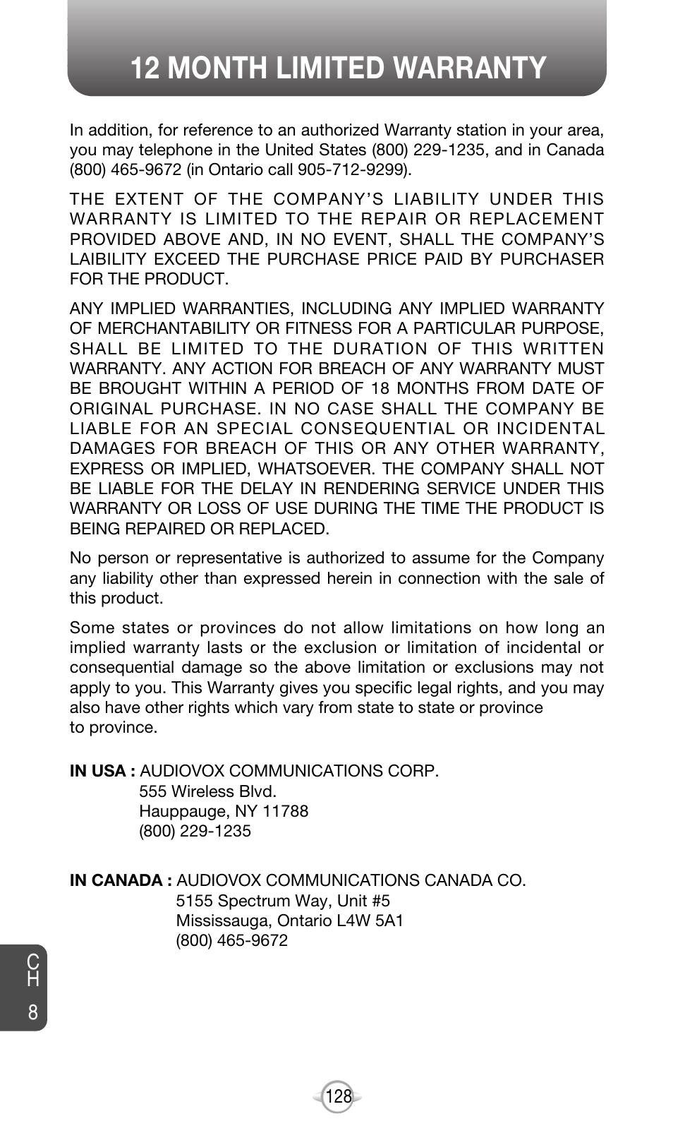 12 month limited warranty | Audiovox CDM-8615 User Manual | Page 131 / 131