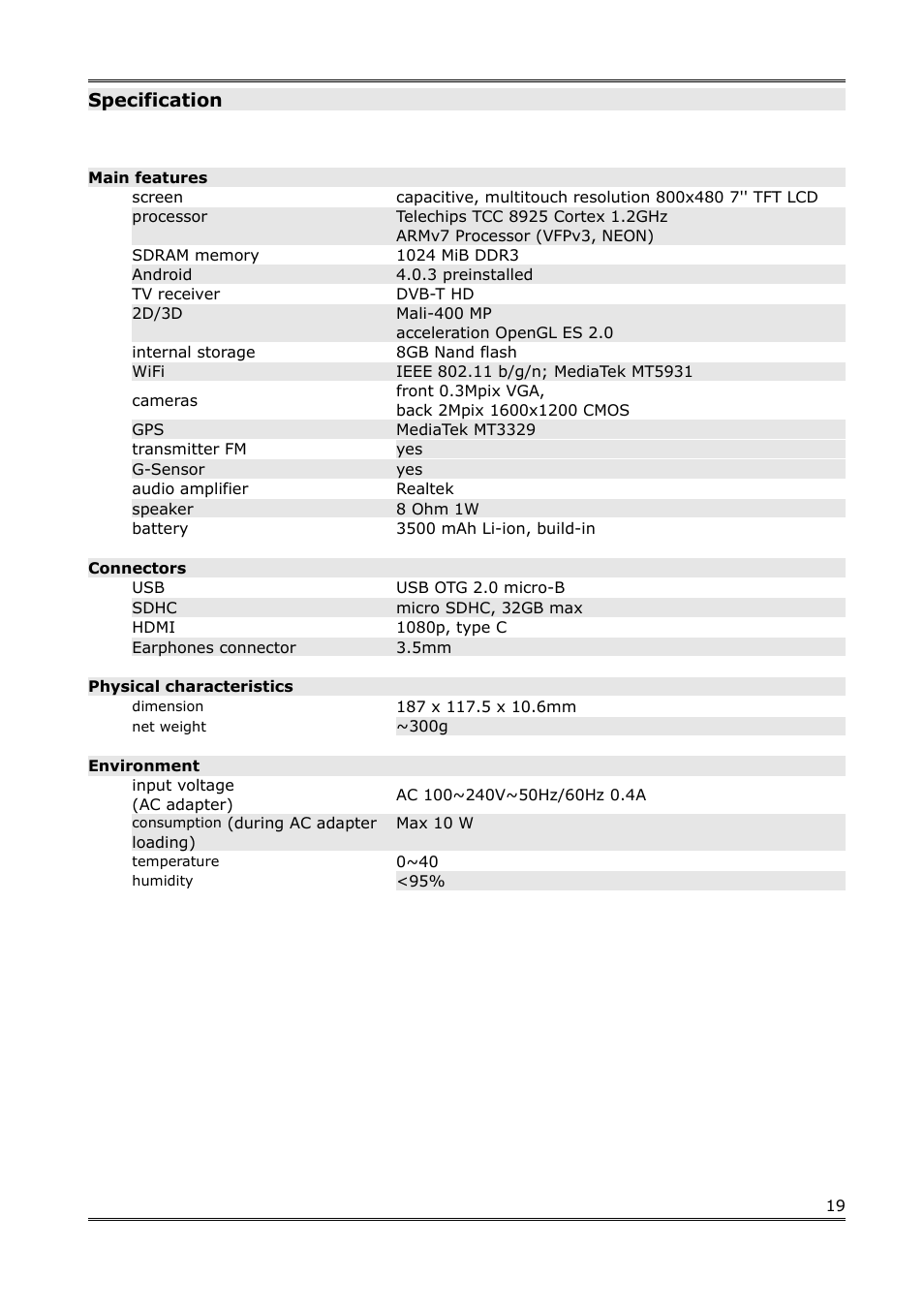 Specification | Ferguson S3plus User Manual | Page 20 / 21