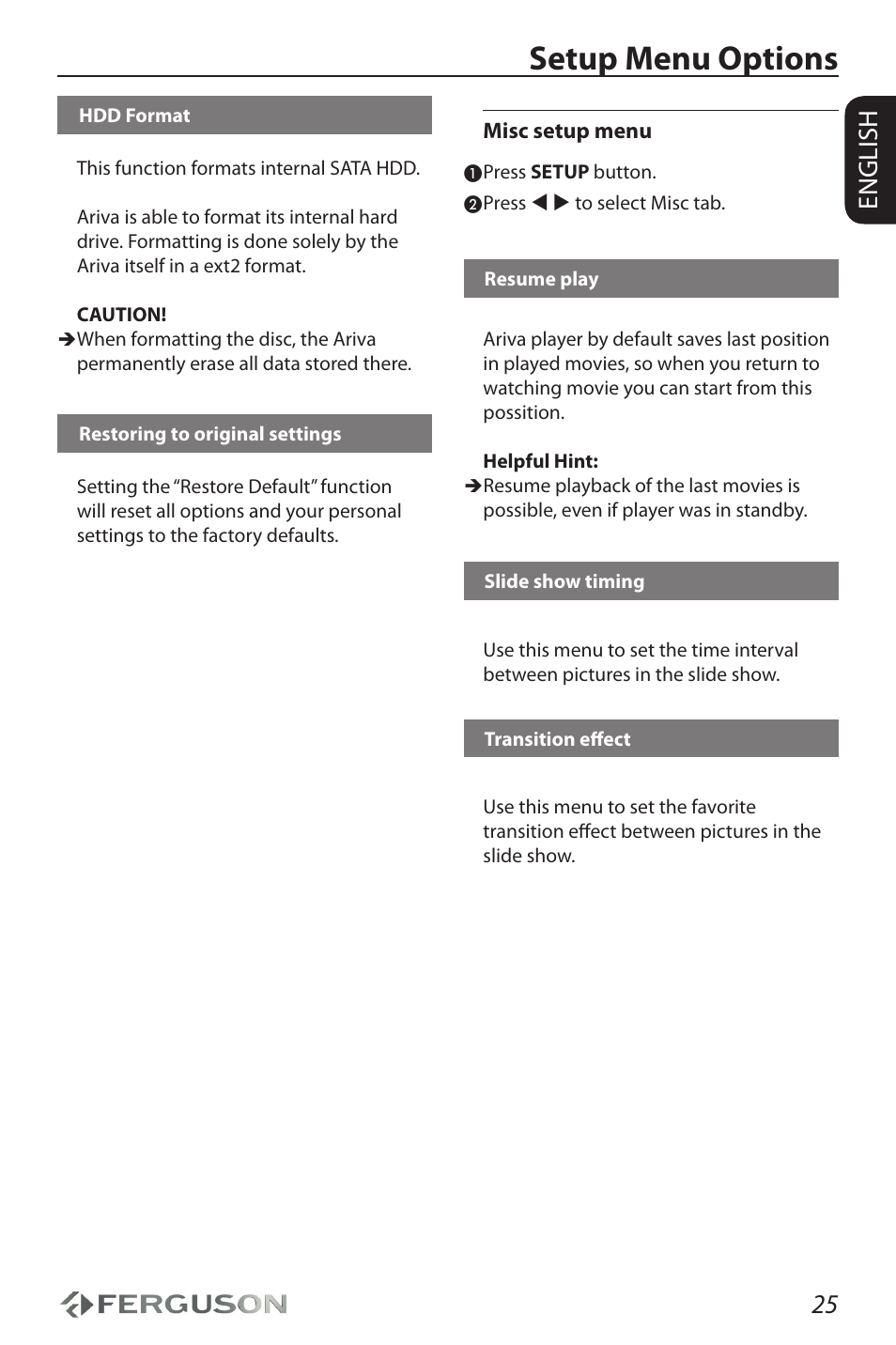 Setup menu options, 25 english | Ferguson Ariva HDplayer 210 User Manual | Page 29 / 36
