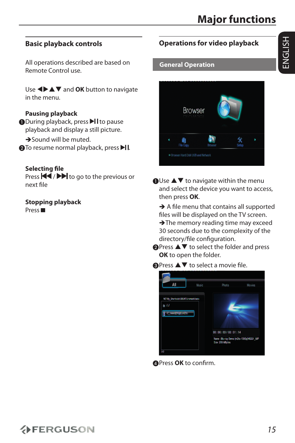 Major functions, 15 english | Ferguson Ariva HDplayer 150DVD User Manual | Page 19 / 32