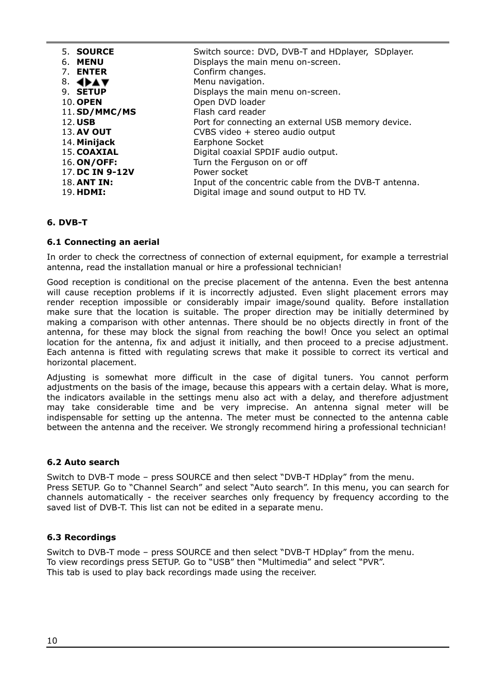 Dvb-t, 1 connecting an aerial, 2 auto search | 3 recordings | Ferguson Cute9TV User Manual | Page 10 / 14