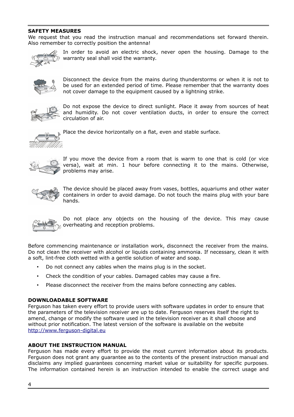 Safety measures, Downloadable software, About the instruction manual | Ferguson Cute9TV User Manual | Page 4 / 14