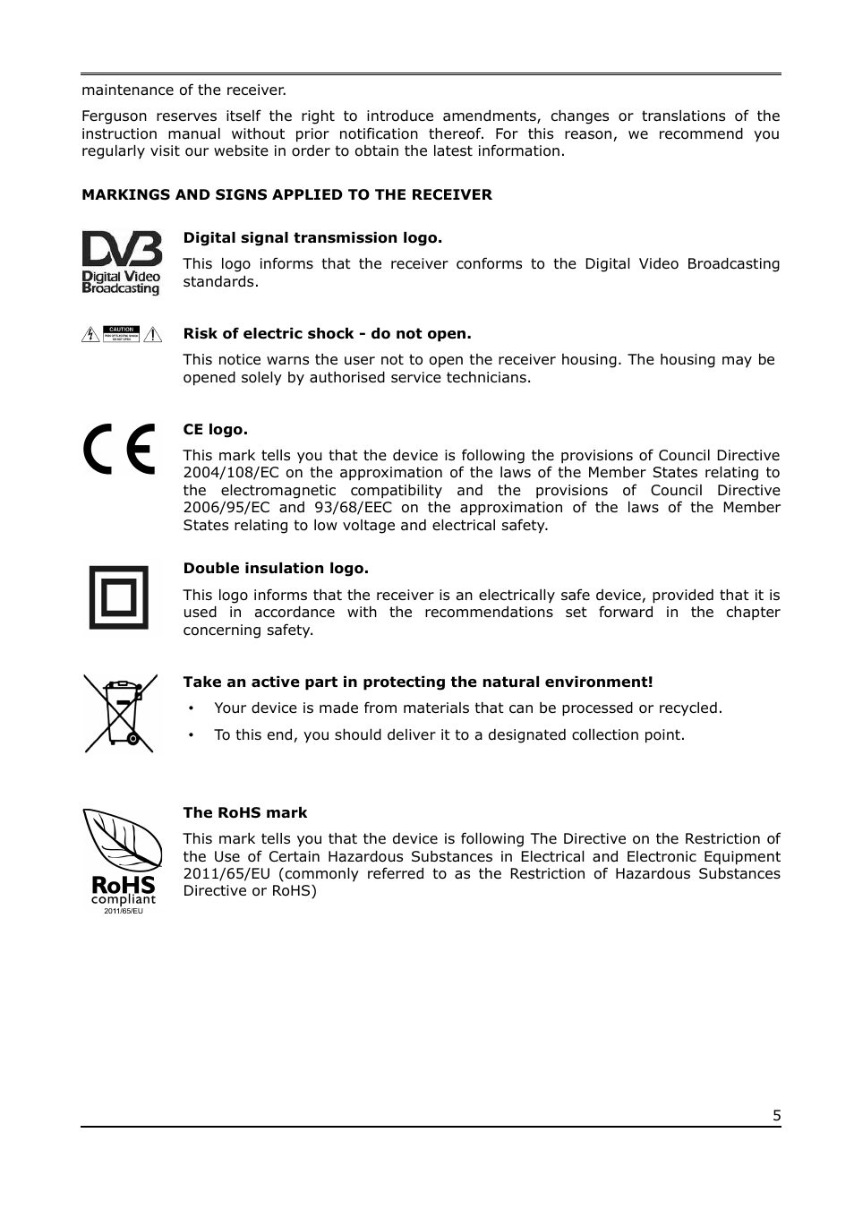 Markings and signs applied to the receiver | Ferguson Cute9TV User Manual | Page 5 / 14