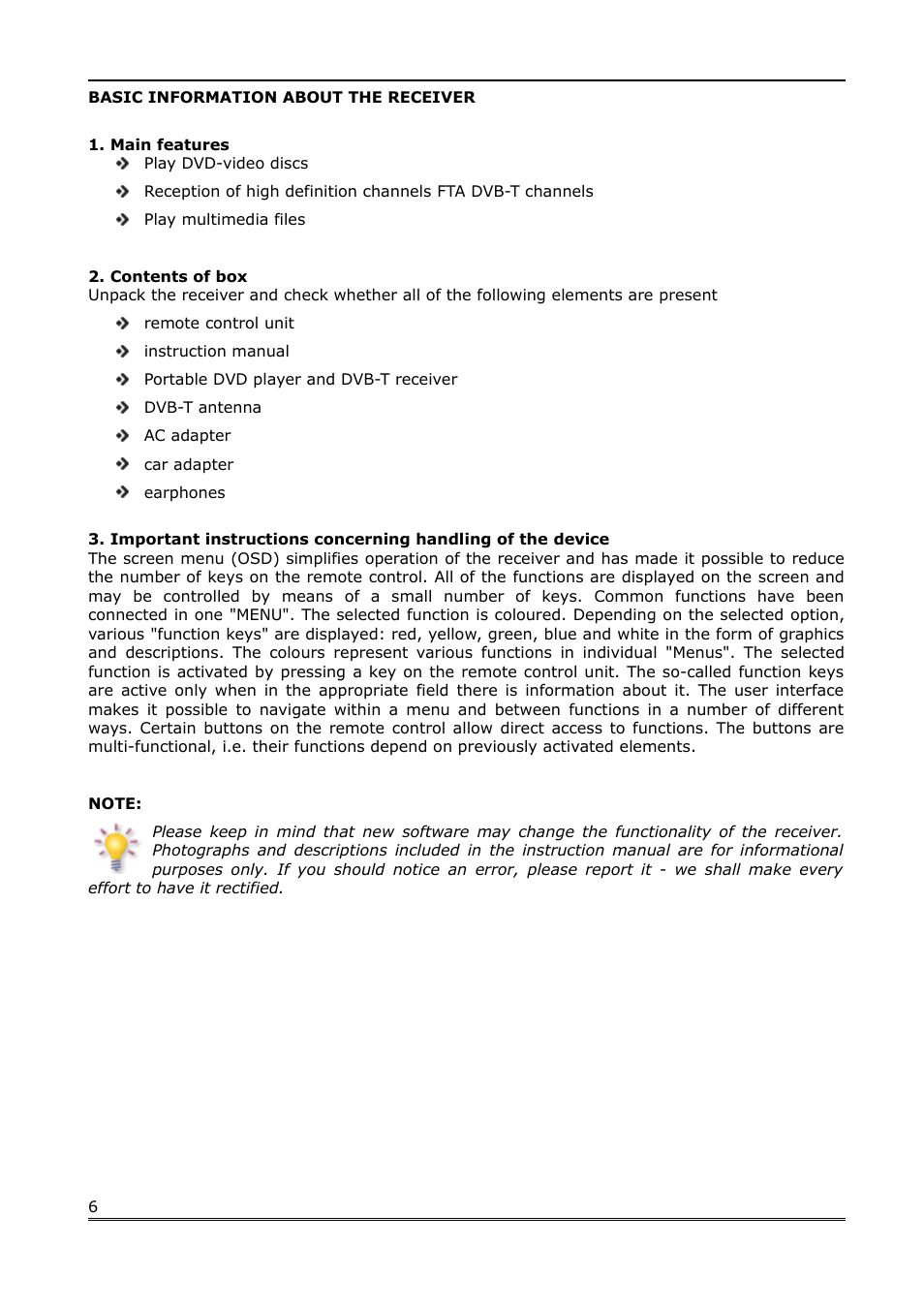 Basic information about the receiver, Main features, Contents of box | Ferguson Cute9TV User Manual | Page 6 / 14