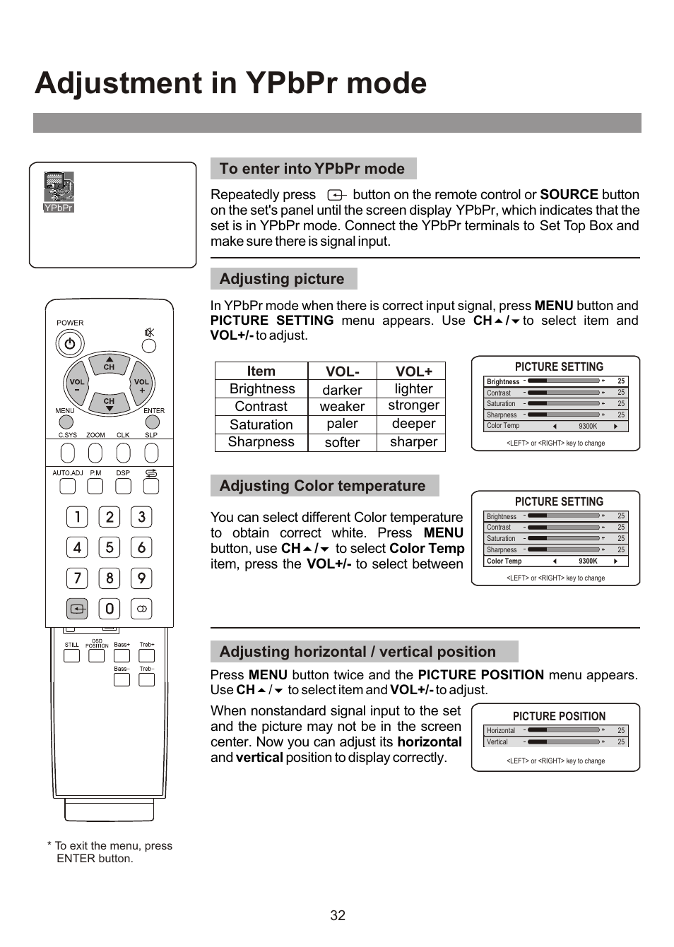 Adjustment in ypbpr mode, Adjusting picture, Adjusting color temperature | Adjusting horizontal / vertical position | Audiovox FPE3000 User Manual | Page 32 / 43