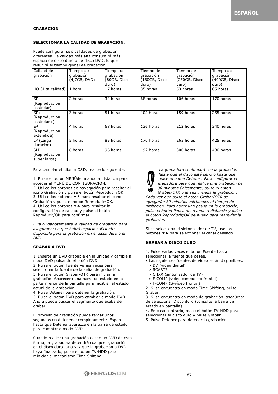 Español | Ferguson RW-770 HD User Manual | Page 87 / 97
