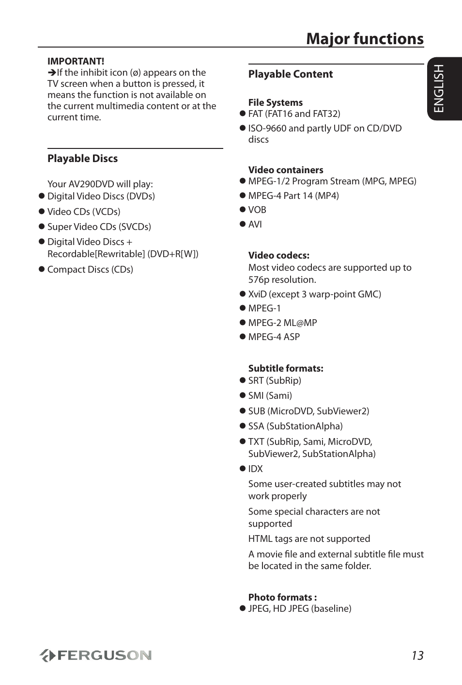Major functions, 13 english | Ferguson AV290DVD User Manual | Page 17 / 28