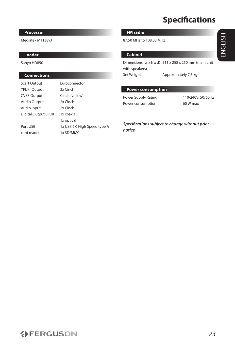 Specifications, 23 english | Ferguson AV290DVD User Manual | Page 27 / 28
