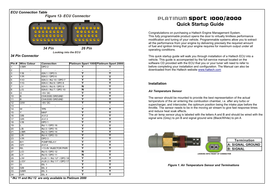 34 pin, 26 pin figure 12- ecu connector, Ecu connection table 34 pin connector | Installation | Haltech Platinum Sport 1000 User Manual | Page 3 / 20
