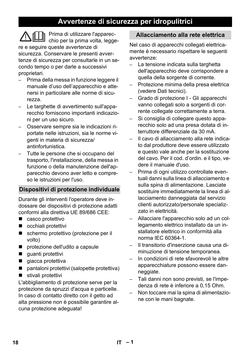 Italiano, Avvertenze di sicurezza per idropulitrici | Karcher HD 9-50-4 User Manual | Page 18 / 140