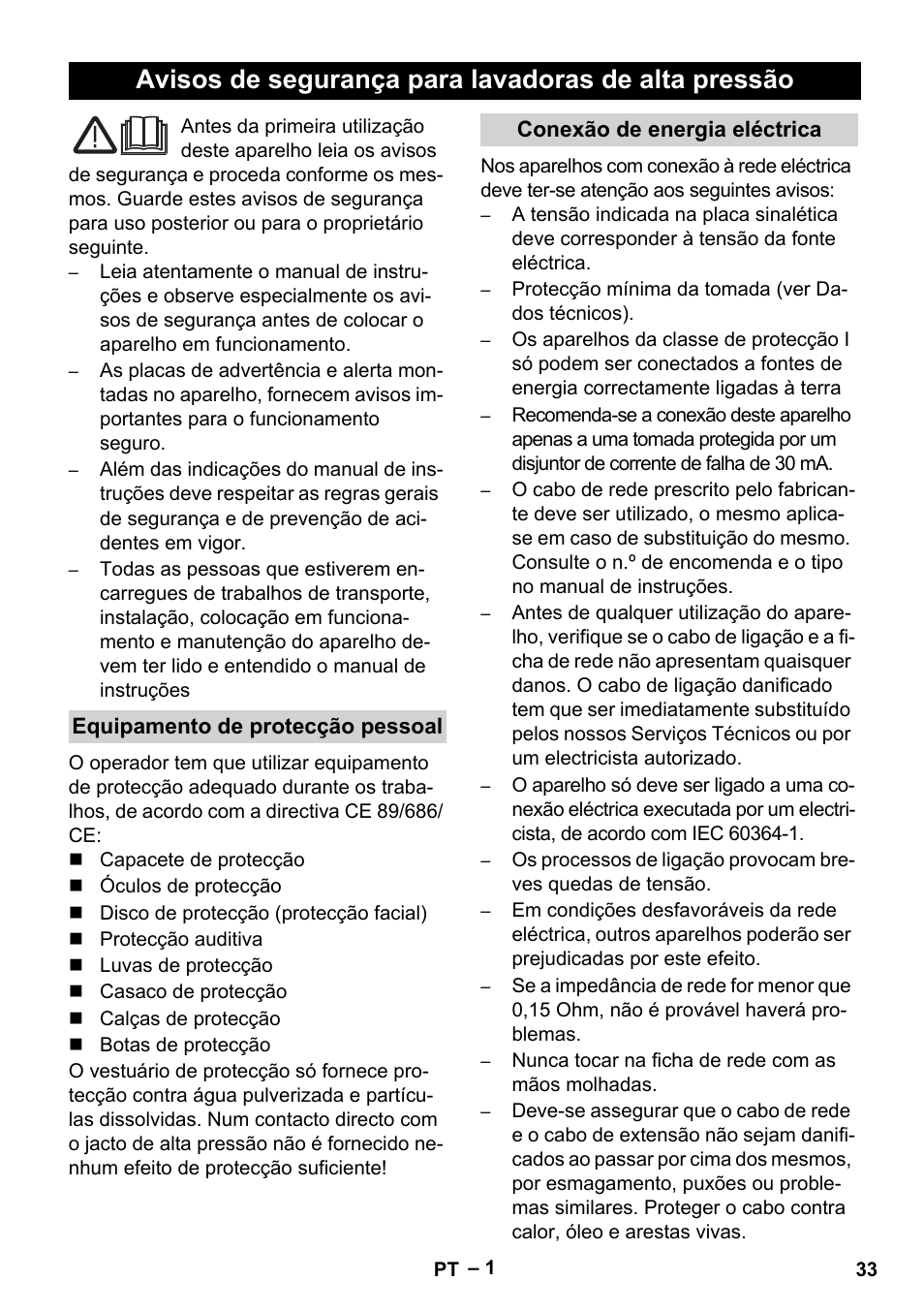 Português, Avisos de segurança para lavadoras de alta pressão | Karcher HD 9-50-4 User Manual | Page 33 / 140