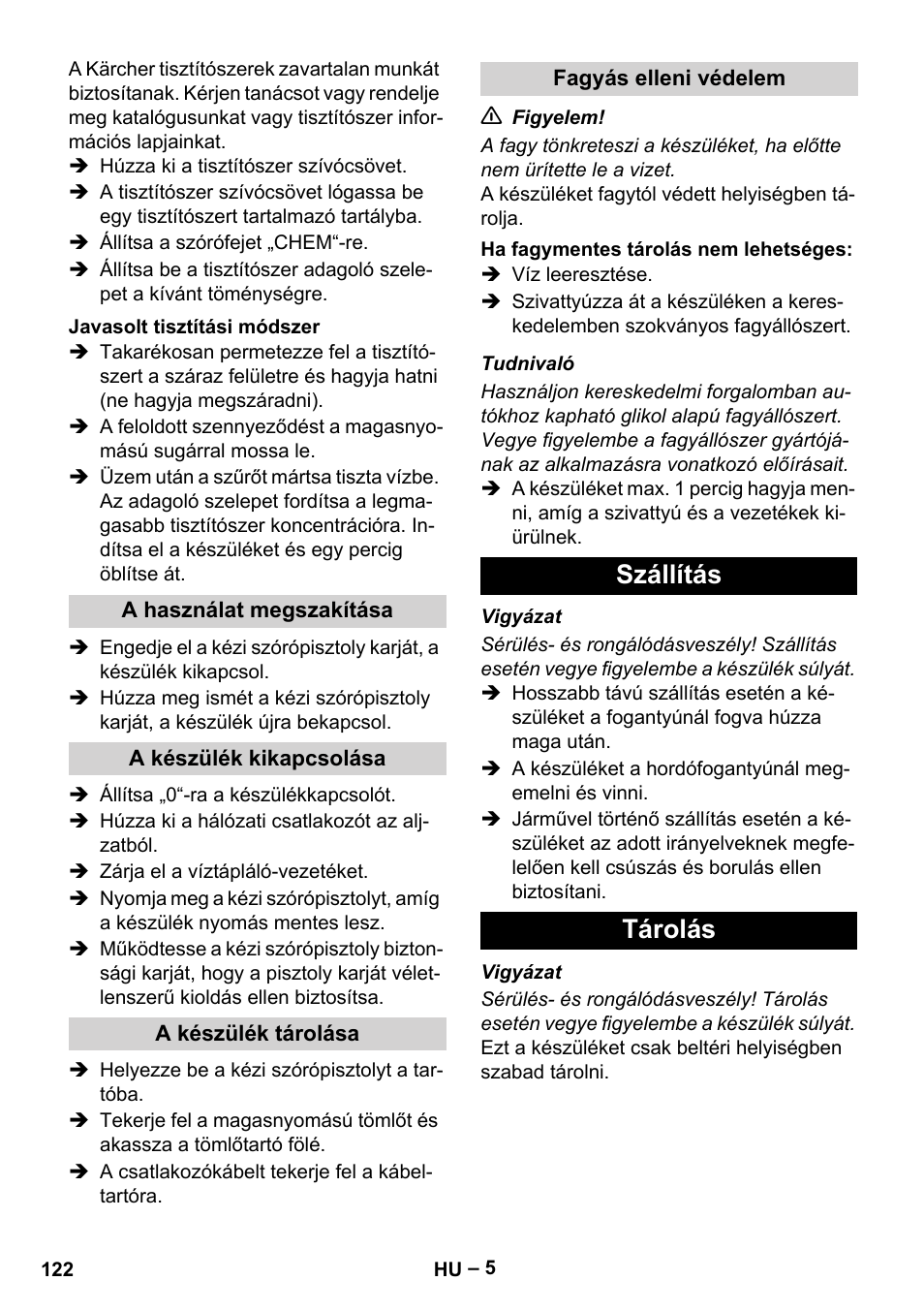 Szállítás tárolás | Karcher HD 5-11 C Plus User Manual | Page 122 / 232