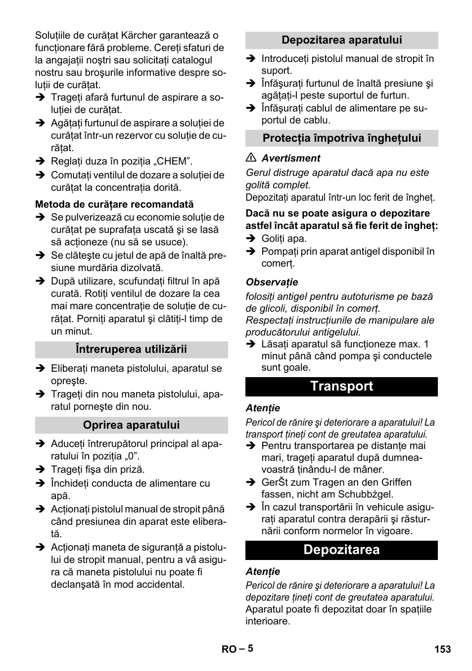 Transport depozitarea | Karcher HD 5-11 C Plus User Manual | Page 153 / 232