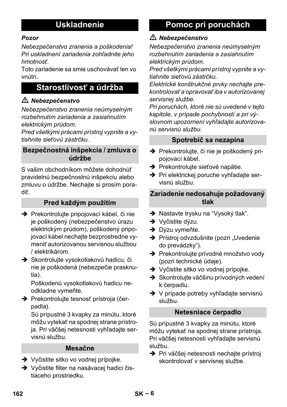 Uskladnenie starostlivosť a údržba, Pomoc pri poruchách | Karcher HD 5-11 C Plus User Manual | Page 162 / 232