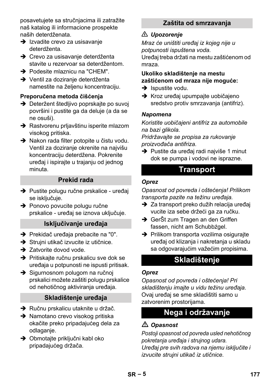 Transport skladištenje nega i održavanje | Karcher HD 5-11 C Plus User Manual | Page 177 / 232