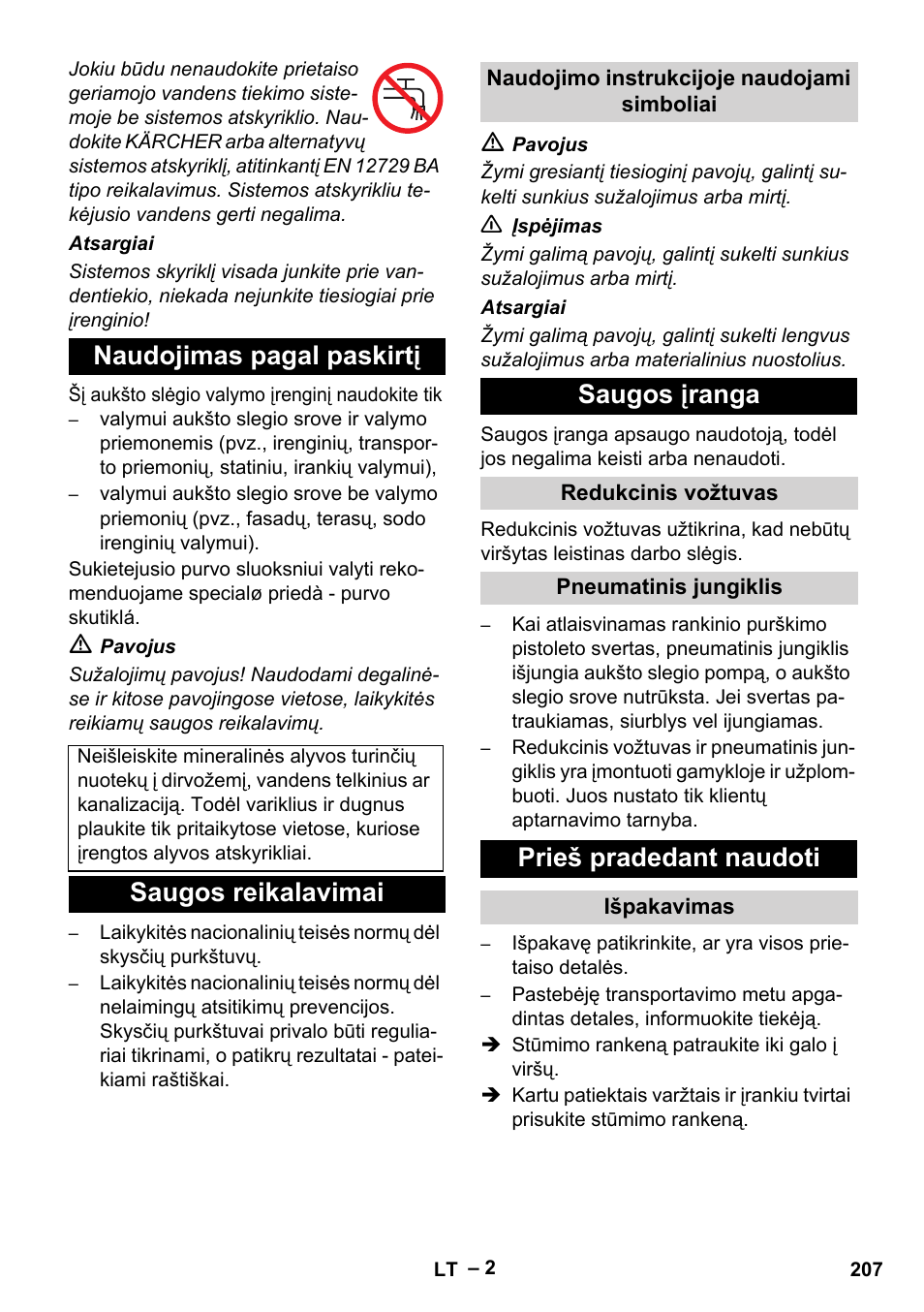 Naudojimas pagal paskirtį, Saugos reikalavimai, Saugos įranga | Prieš pradedant naudoti | Karcher HD 5-11 C Plus User Manual | Page 207 / 232