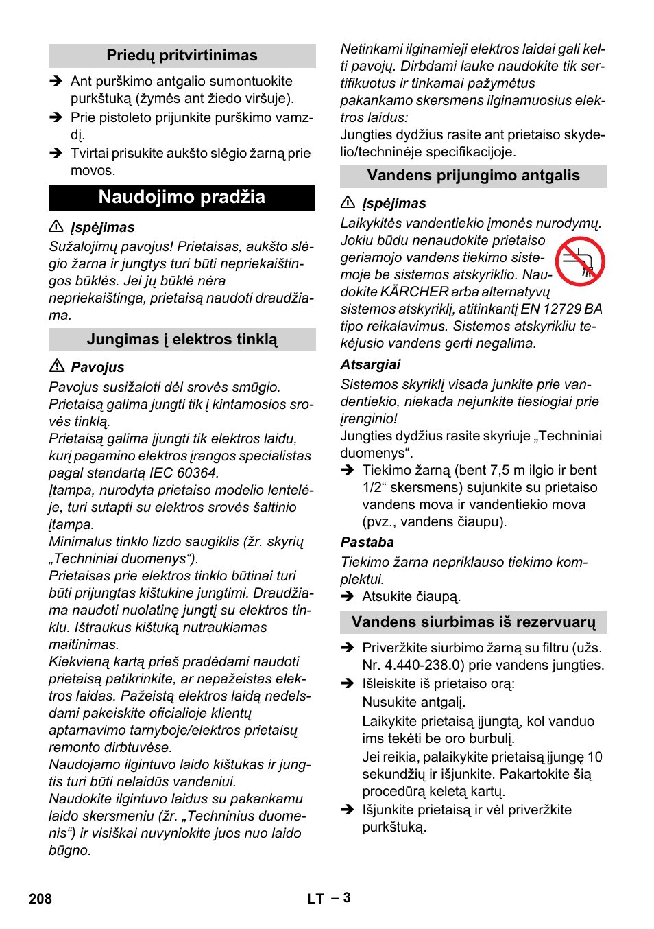 Naudojimo pradžia | Karcher HD 5-11 C Plus User Manual | Page 208 / 232