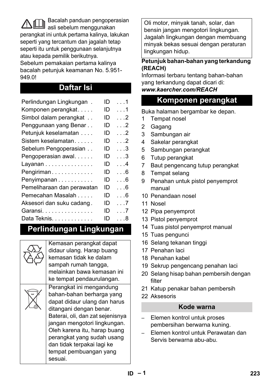 Indonesia, Daftar isi, Perlindungan lingkungan | Komponen perangkat | Karcher HD 5-11 C Plus User Manual | Page 223 / 232