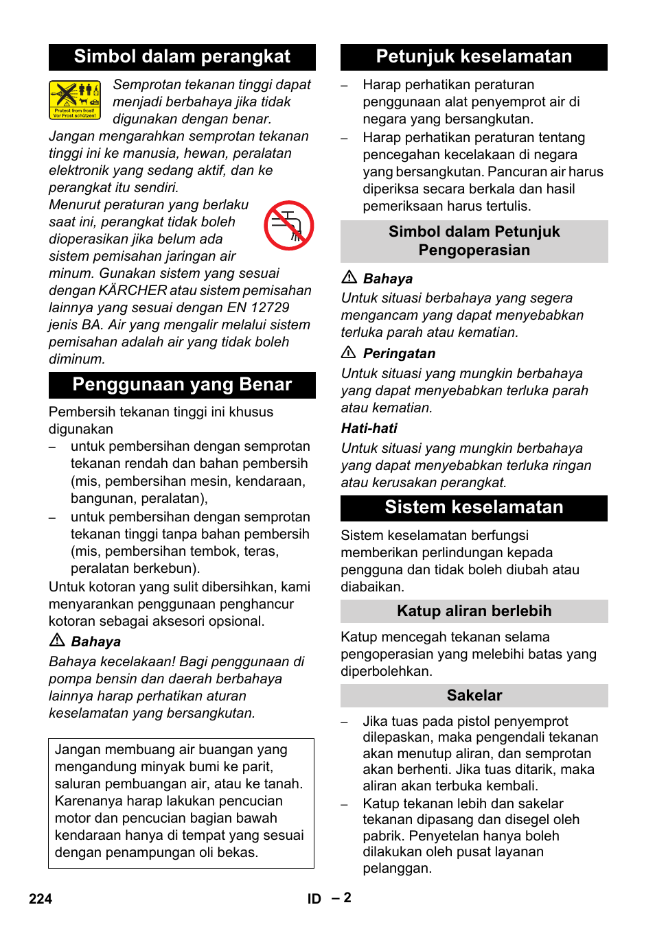Simbol dalam perangkat penggunaan yang benar, Petunjuk keselamatan, Sistem keselamatan | Karcher HD 5-11 C Plus User Manual | Page 224 / 232