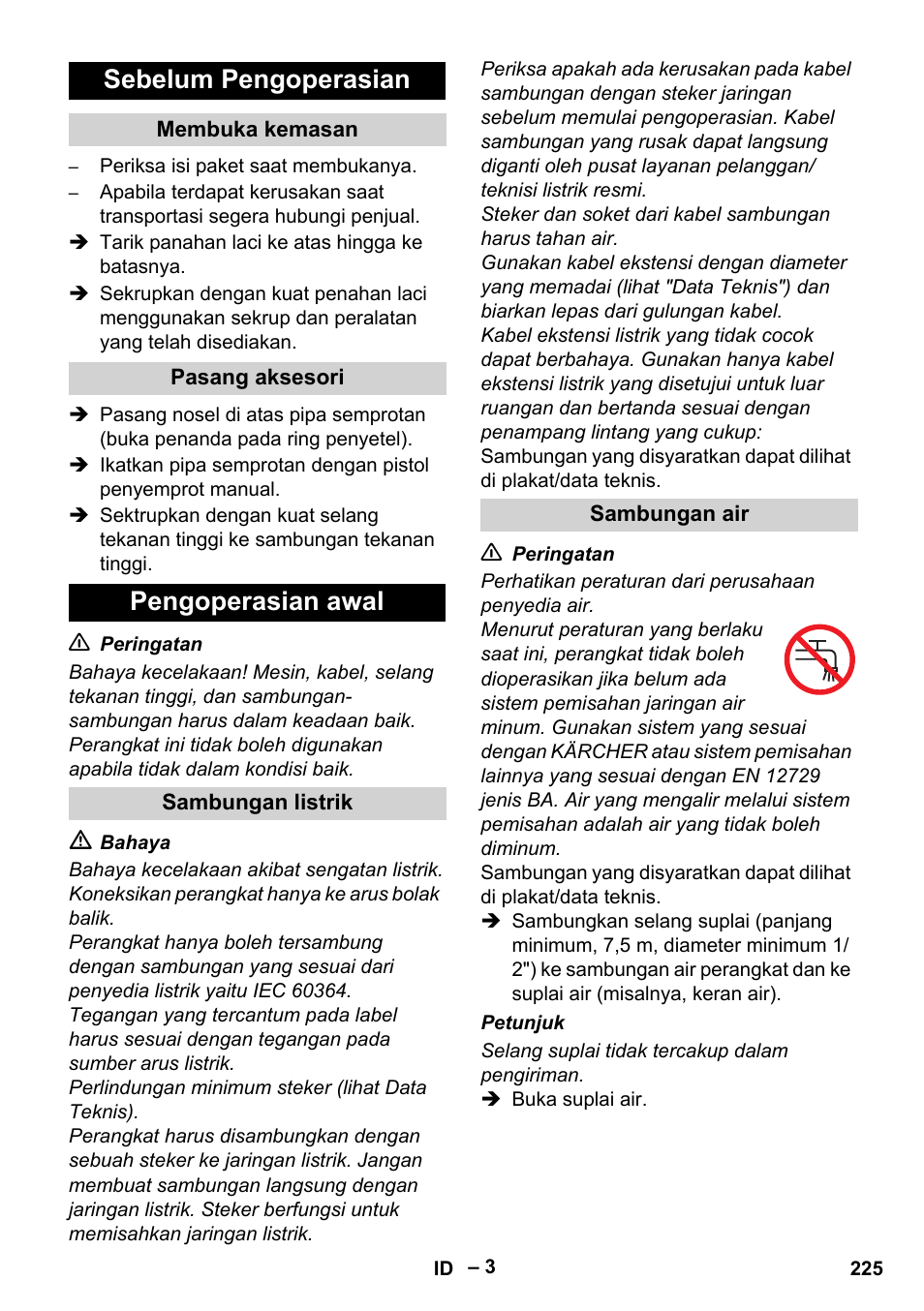 Sebelum pengoperasian, Pengoperasian awal | Karcher HD 5-11 C Plus User Manual | Page 225 / 232