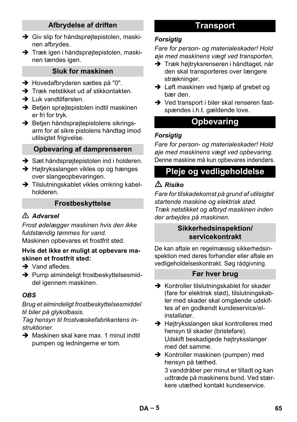 Transport opbevaring pleje og vedligeholdelse | Karcher HD 5-11 C Plus User Manual | Page 65 / 232