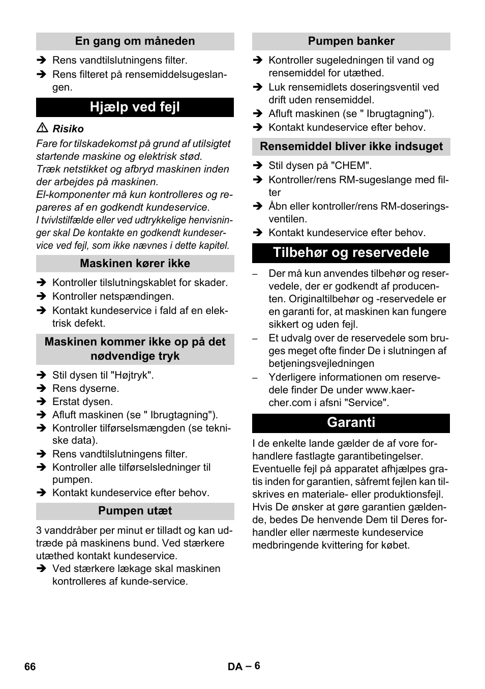 Hjælp ved fejl, Tilbehør og reservedele garanti | Karcher HD 5-11 C Plus User Manual | Page 66 / 232