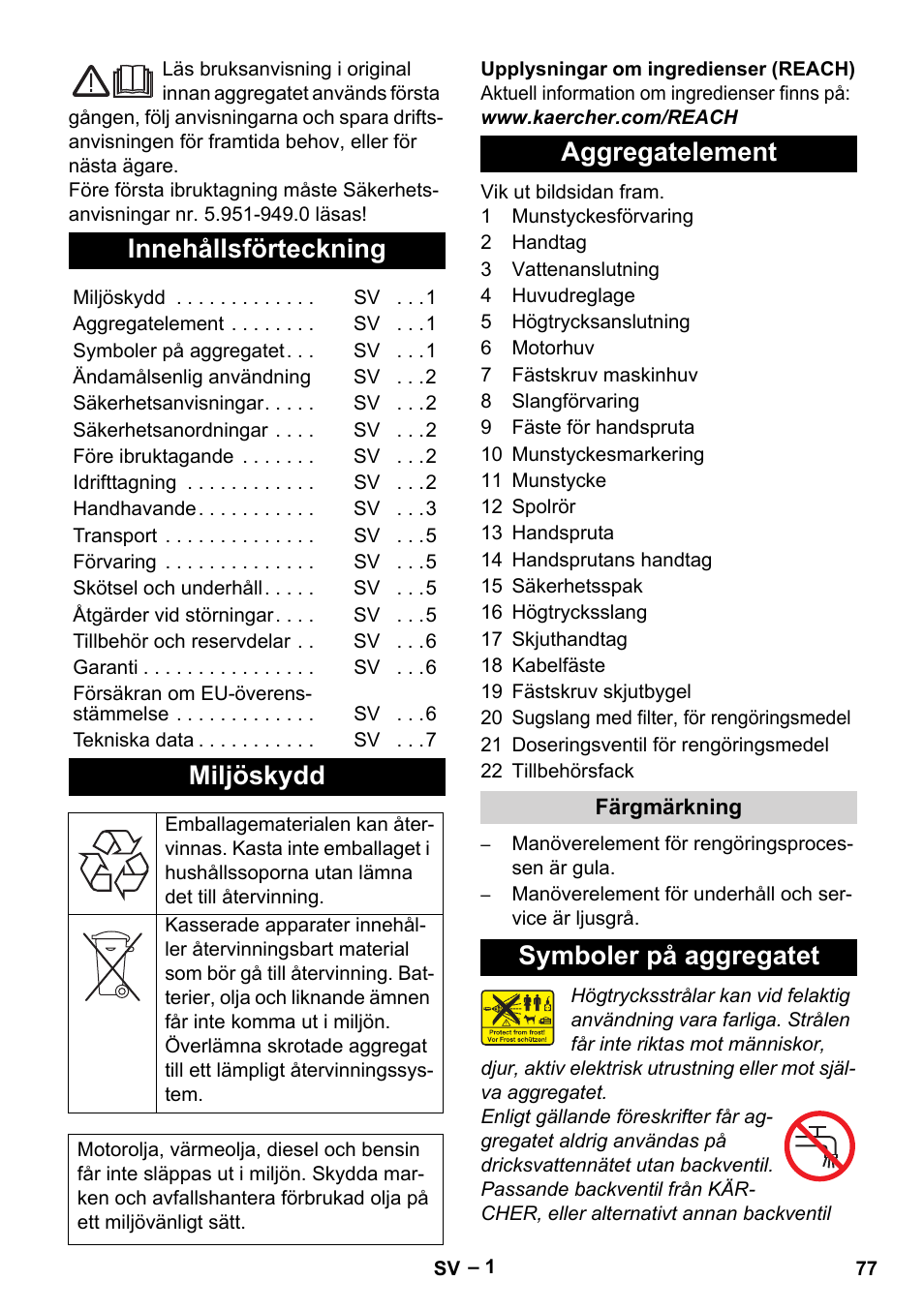 Svenska, Innehållsförteckning, Miljöskydd | Aggregatelement, Symboler på aggregatet | Karcher HD 5-11 C Plus User Manual | Page 77 / 232
