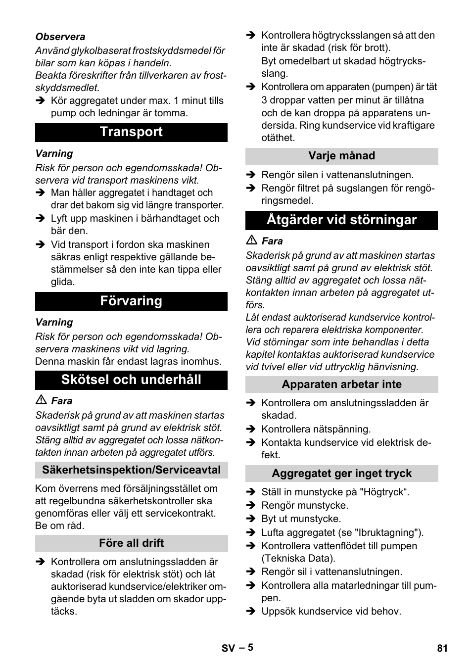 Transport förvaring skötsel och underhåll, Åtgärder vid störningar | Karcher HD 5-11 C Plus User Manual | Page 81 / 232