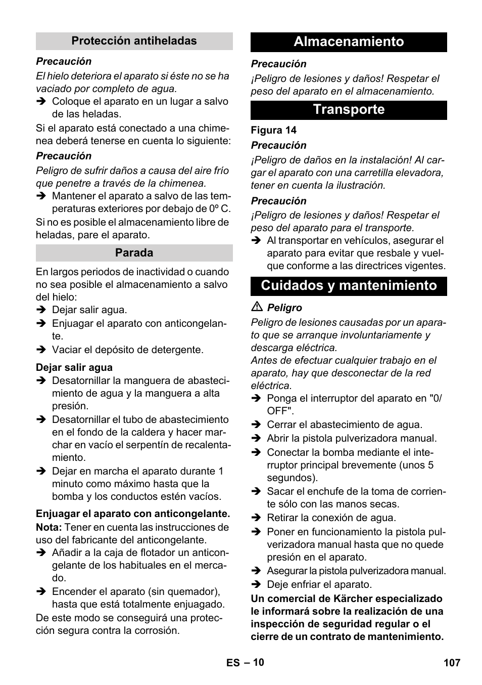Almacenamiento transporte cuidados y mantenimiento | Karcher HDS 8-17 CX User Manual | Page 107 / 500